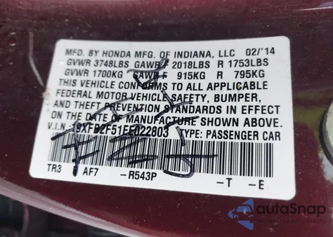 2014 Honda Civic Lx из США, поврежденный, VIN 19XFB2F51EE022803